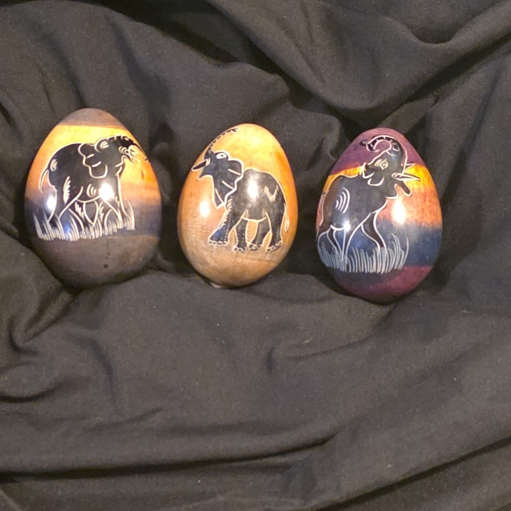 Hand-Carved African Elephant Soap Stone Eggs, made in Kenya Set of 3